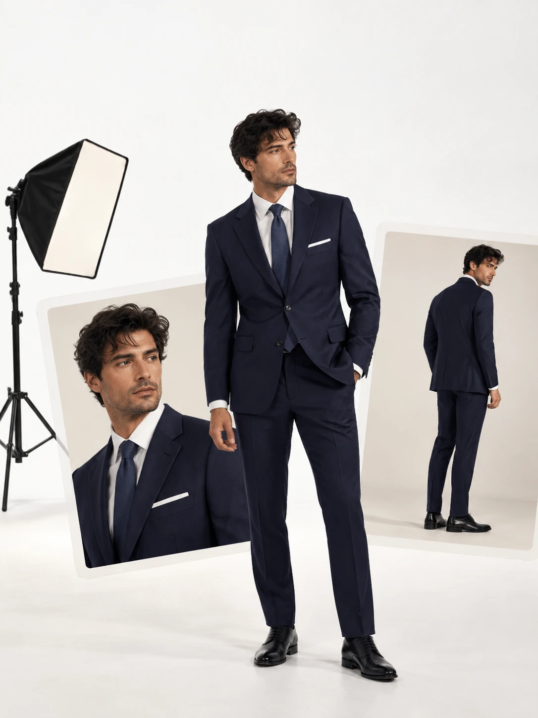 Illustrative AI photoshoot of a model in a navy suit, with a close-up and a back view