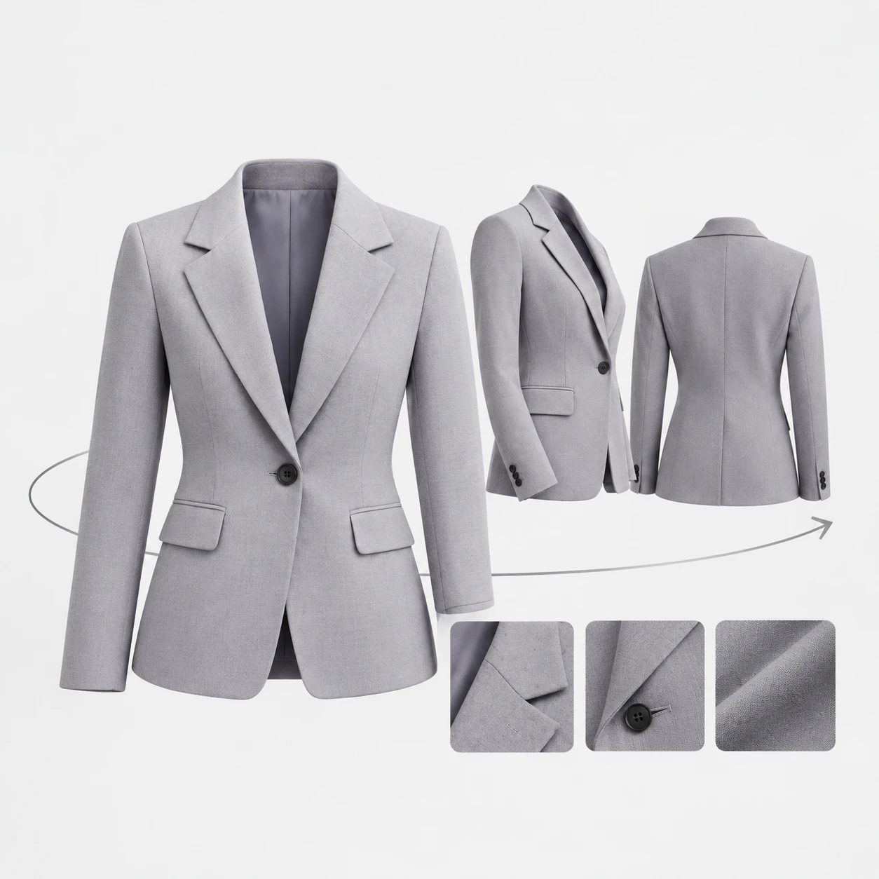 Illustrative digital blazer shown from three angles with fabric details