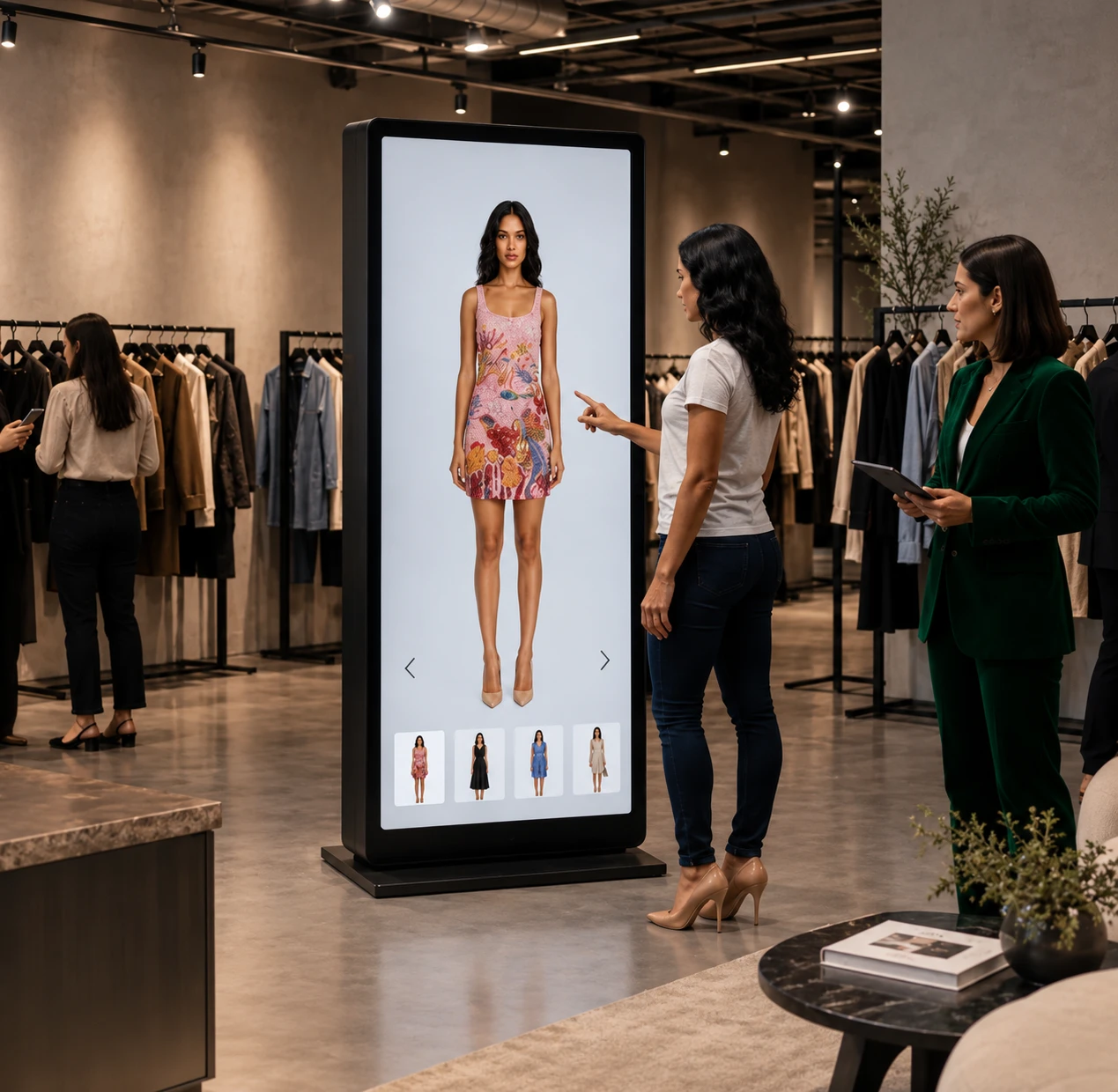 Illustrative shopper exploring garments on an interactive boutique display