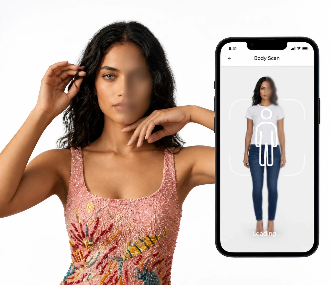 Illustrative privacy try-on: a shopper with her face blurred and a body scan on a phone