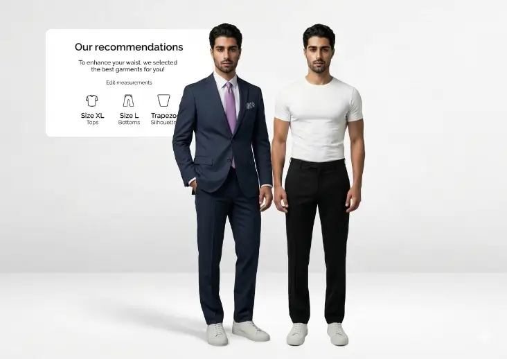 Illustrazione dei consigli di Brandsco: outfit da uomo con le taglie suggerite per sopra e sotto