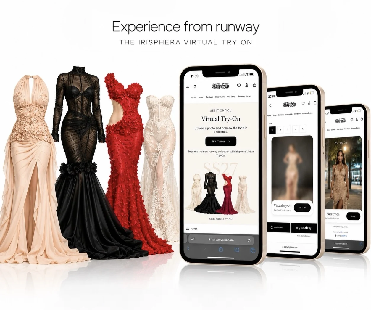 Saraanyaaaa runway gowns beside phones showing the Irisphera virtual try-on on the brand’s store