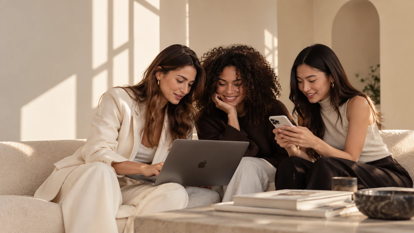 Three women in different everyday styles sitting together on a sofa
