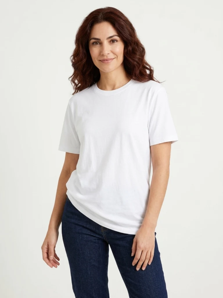 Shopper photo: woman with curly hair in a white shirt and jeans
